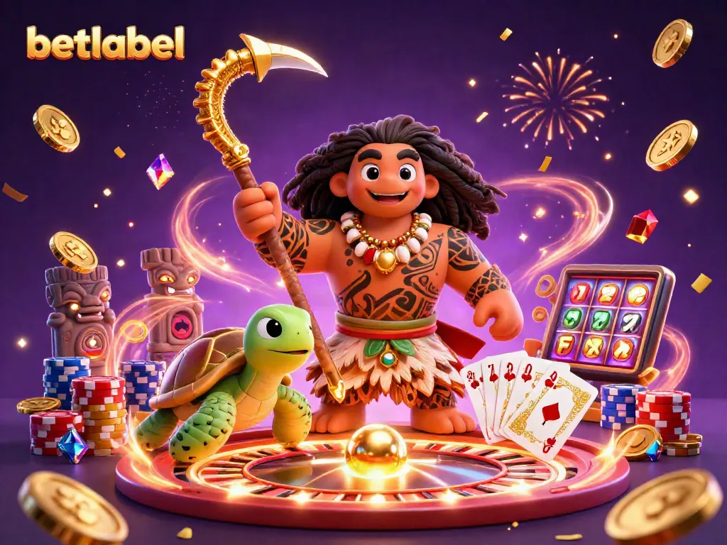 betlabel showcases a vibrant scene with Polynesian demigod and casino-themed elements, celebrating gaming excitement.