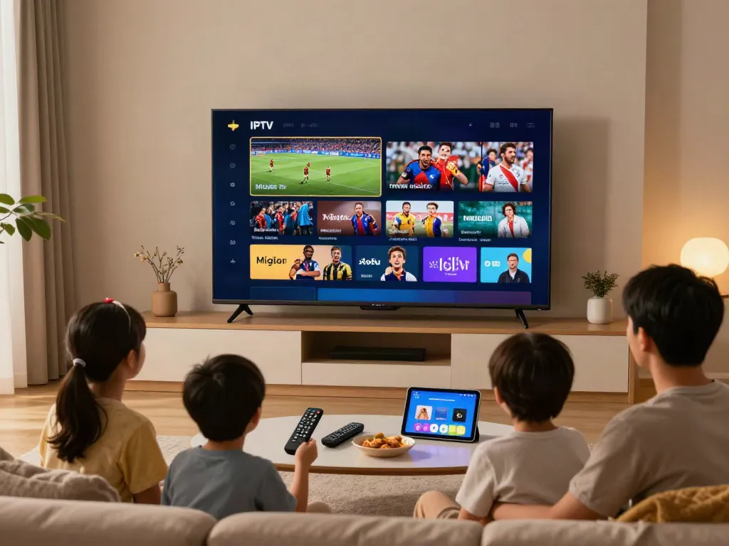Miglior IPTV family enjoying diverse streaming content in a vibrant living room setting.