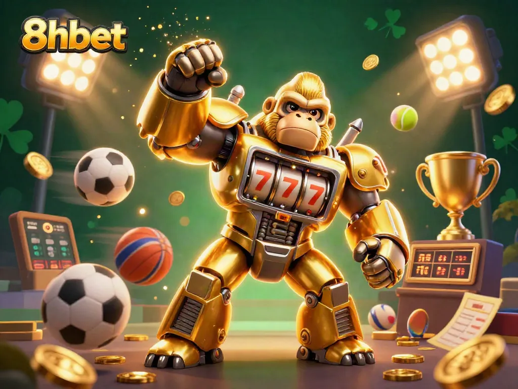 Engage with 8xbet's action-packed gaming scene featuring a gorilla mech and dynamic sports elements.