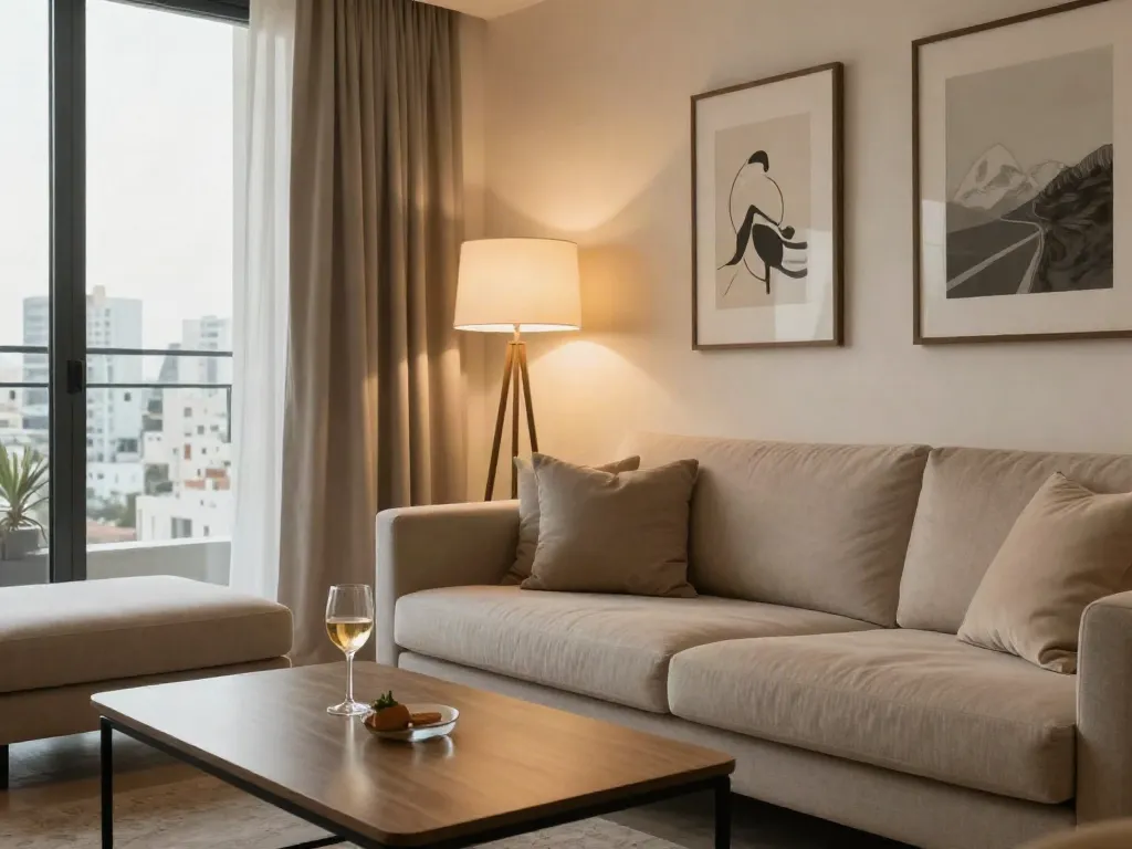 High-quality דירות דיסקרטיות בתל אביב showcasing a cozy living area with modern decor and city views.