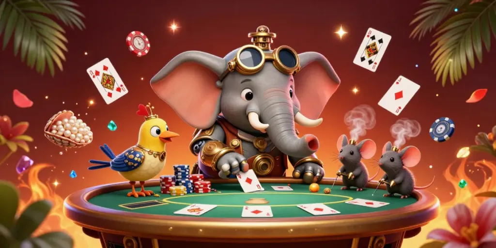 Experience exciting online poker games for real money with a steampunk elephant and chips in motion.