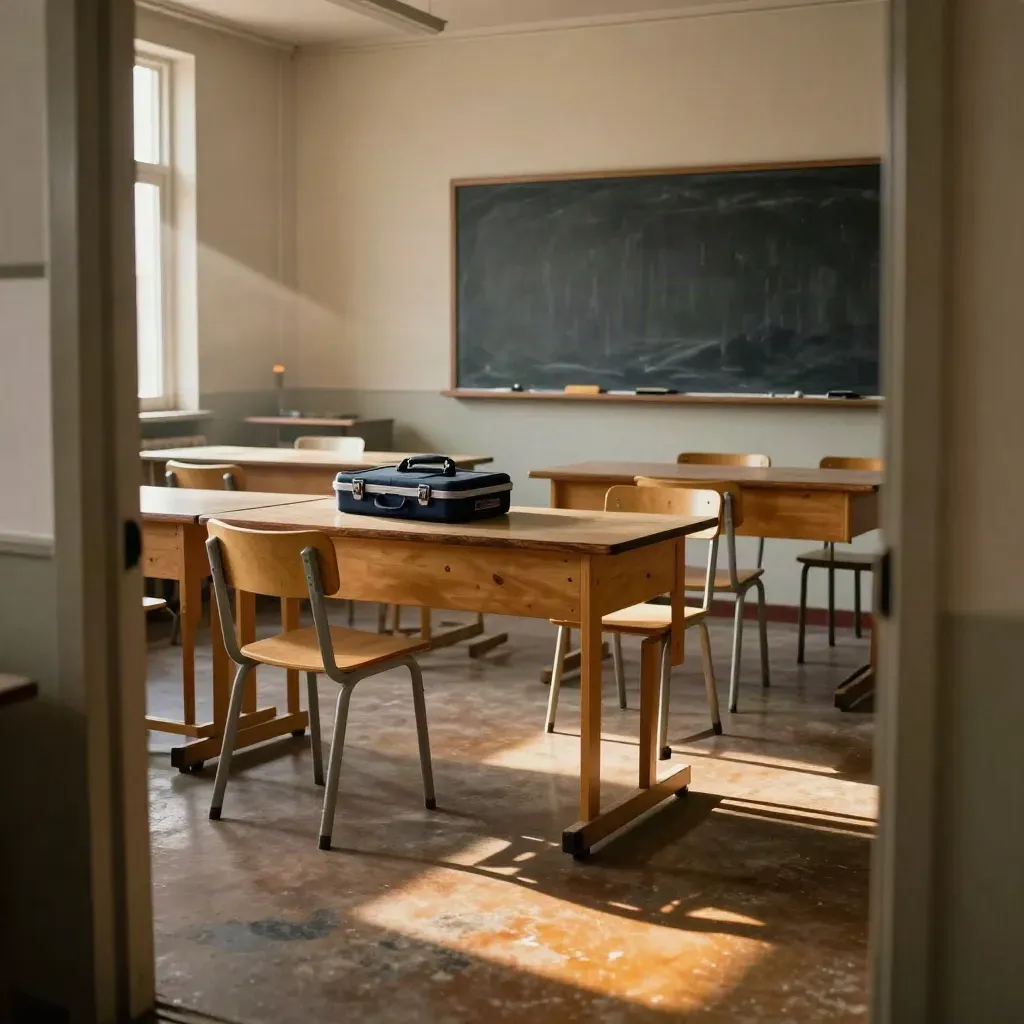 Aula workshop vuota con tavoli modulari, sedie spostate e lavagna pulita nella luce del pomeriggio.