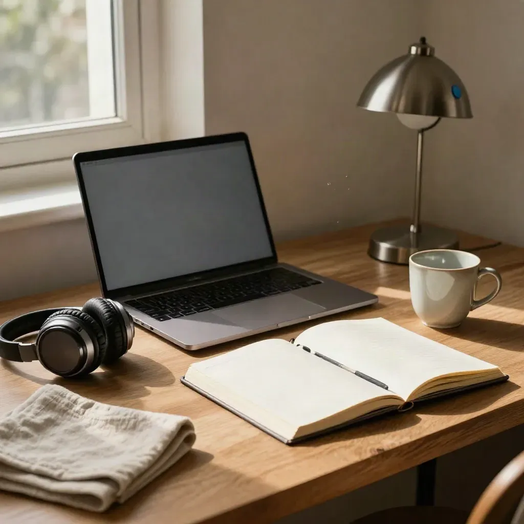 Scrivania domestica con laptop chiuso, cuffie, quaderno aperto, tazza e lampada alla luce del mattino
