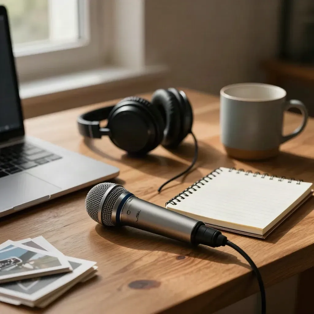 Set webinar ordinato con laptop chiuso, microfono, cuffie, blocco note e tazza su scrivania calda.