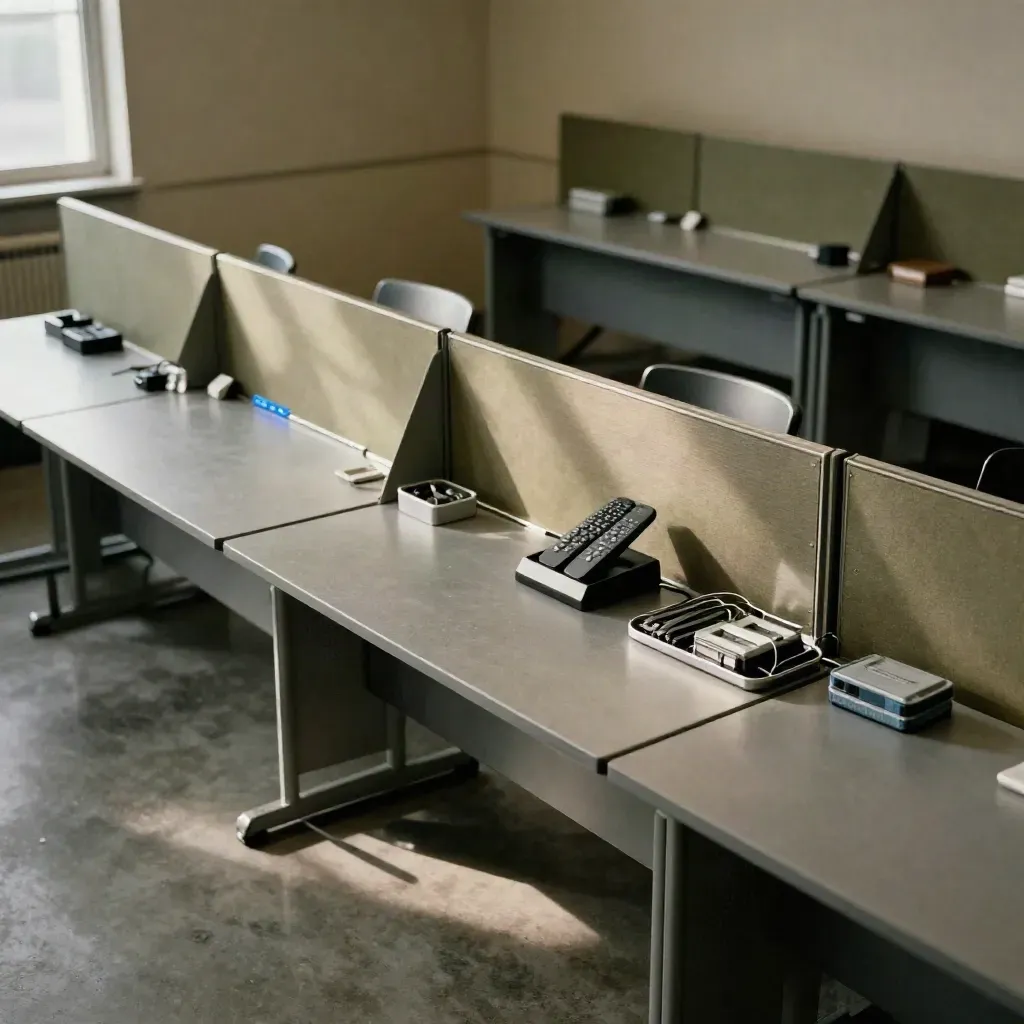 Sala corporate training pronta, con workstation chiuse e materiali tecnici allineati in luce drammatica.