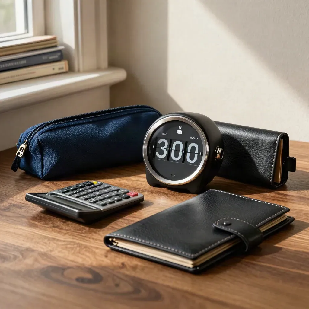 Timer, calcolatrice, astuccio e custodia certificazioni su superficie in noce, luce drammatica.