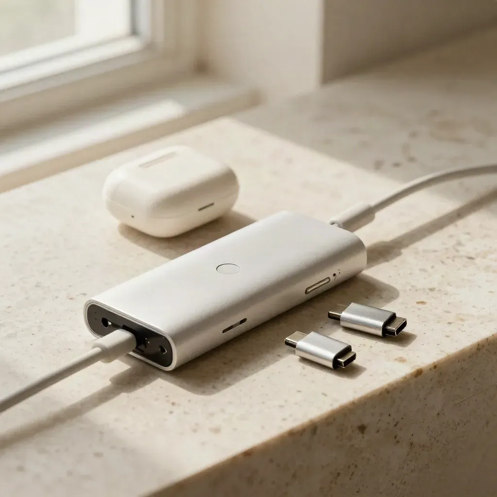 Telecomando, hub USB-C, custodia auricolari e adattatori su travertino chiaro, luce radente.