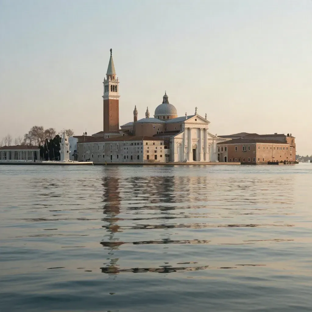 Laguna veneziana tranquilla con San Giorgio Maggiore lontana e riflessi morbidi.