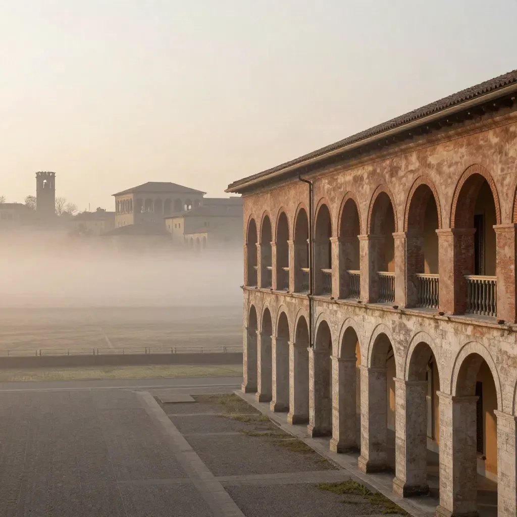 Emilia-Romagna avvolta nella nebbia con torri lontane di Bologna e portici al mattino