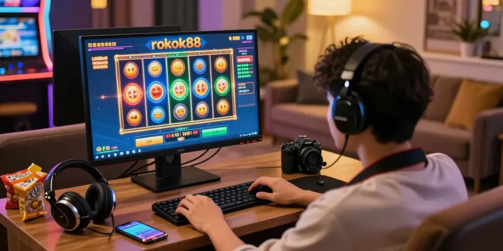 Exciting online gaming moment at rokok88 with colorful slot reels on screen, home setting.