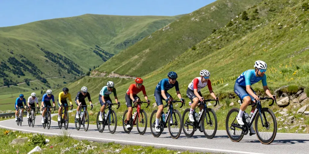 Cyclists racing on a mountain road, embodying the spirit of ciclismo su strada.