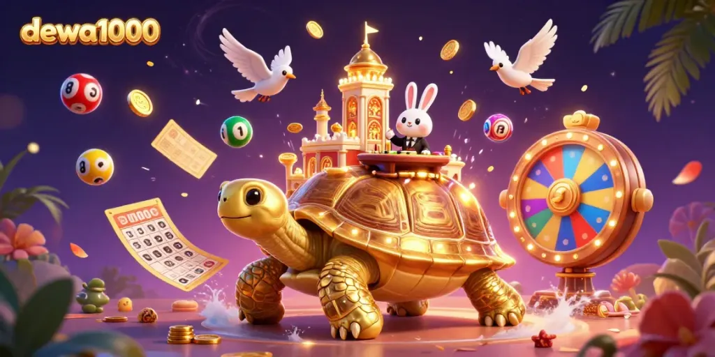 Experience the excitement of dewa1000: vibrant 3D illustration of a golden tortoise casino with flying coins.