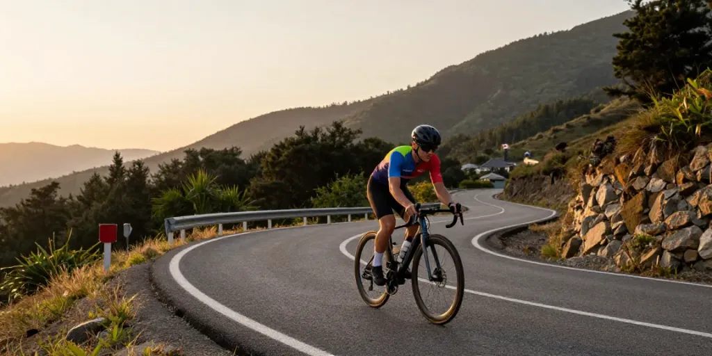 Un ciclista su strada mentre percorre una splendida strada di montagna, evidenziando il ciclismo su strada in una calda luce dorata.
